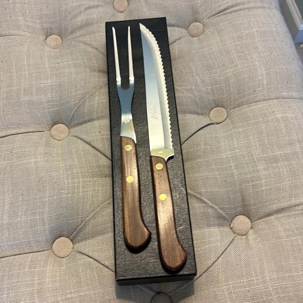 BARLOW Japan Rosewood & Stainless Serrated Carving Knife & Fork Boxed -New